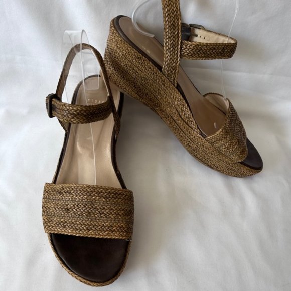 Stuart Weitzman Raffia Tan Ankle Strap Wedge Heel Sandals - Picture 1 of 13